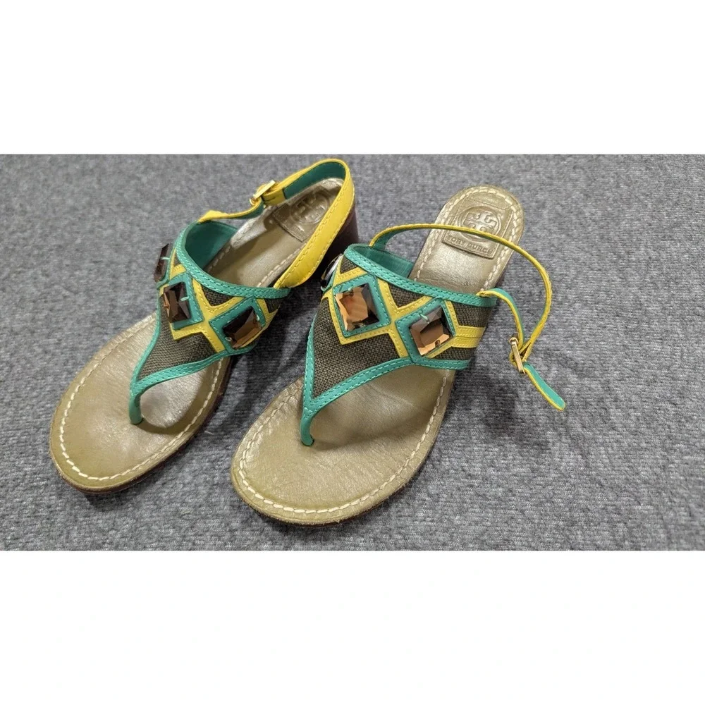 Tory Burch Sandals Womens 6M Green Yellow Boho Jewels Embellished Wearable Art